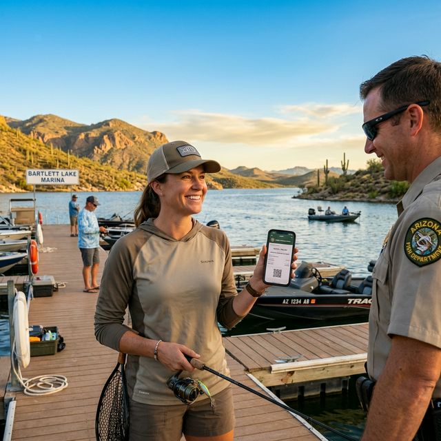 A woman angler at Bartlett Lake Marina dock showing her digital fishing license on a smartphone to an AZGFD game warden
