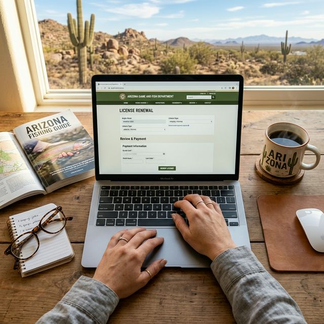 Hands typing on a laptop showing the AZGFD license renewal page with an Arizona fishing guide and coffee mug on the desk