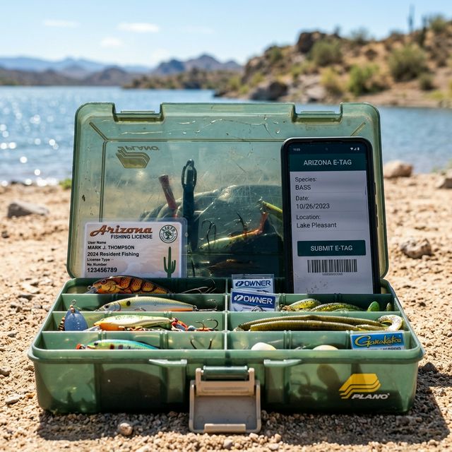 Open tackle box with fishing lures, a laminated Arizona fishing license card, and a smartphone showing the Arizona E-Tag app