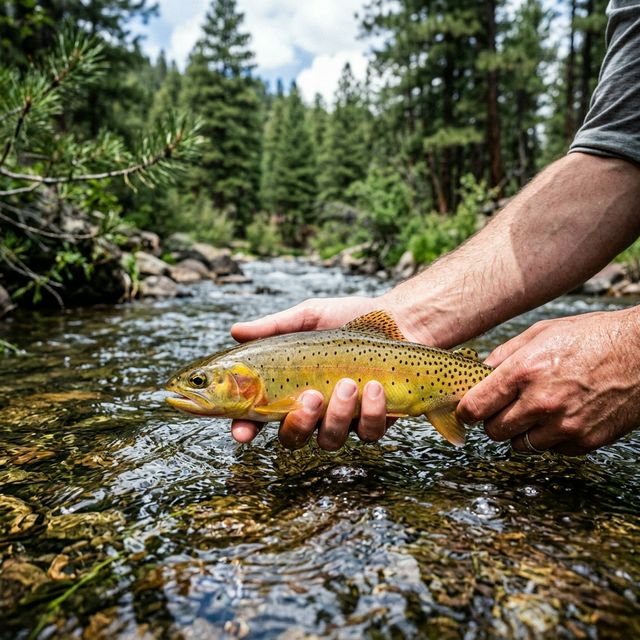 An Arizona Apache Trout with its distinctive golden-yellow body and dark spots being gently held in a mountain stream for release