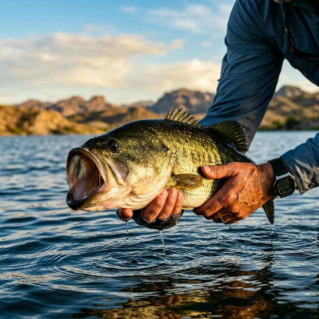 Close-up of a largemouth bass held by an angler's hands above the water at Lake Havasu with desert hills in the background