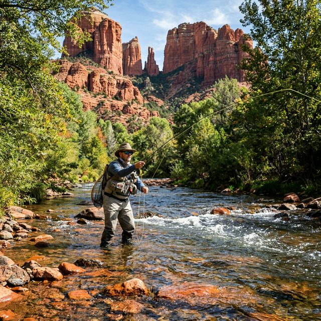 A fly fisherman casting mid-stream in Oak Creek near Sedona with red rock canyon walls towering above and green vegetation lining the banks