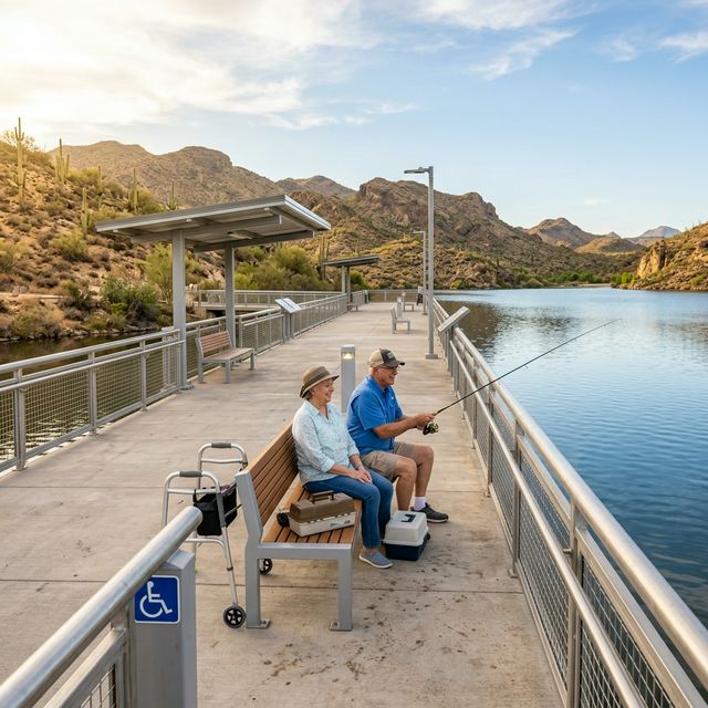 A senior couple sitting on a bench at an ADA-accessible fishing pier on an Arizona lake with desert mountains behind them