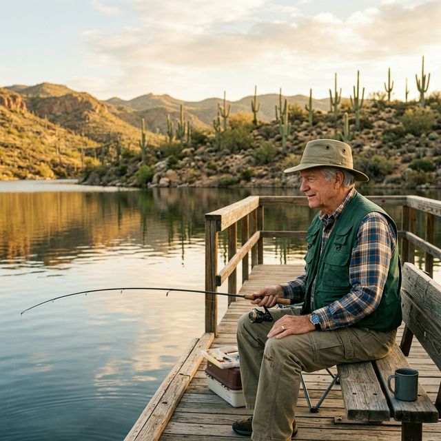 A senior man in a wide-brim hat fishing from a wooden dock at Lake Pleasant, Arizona with saguaro-covered hills behind him