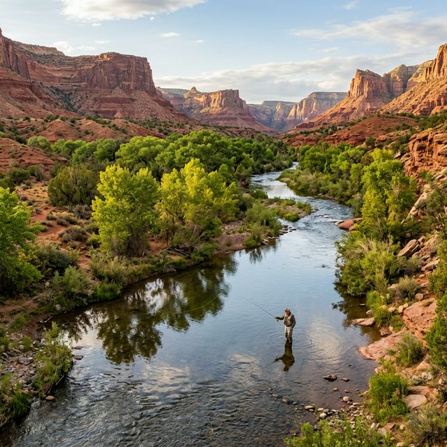 Panoramic view of the Verde River flowing through a cottonwood-lined red rock canyon with a fly angler wading in the calm water
