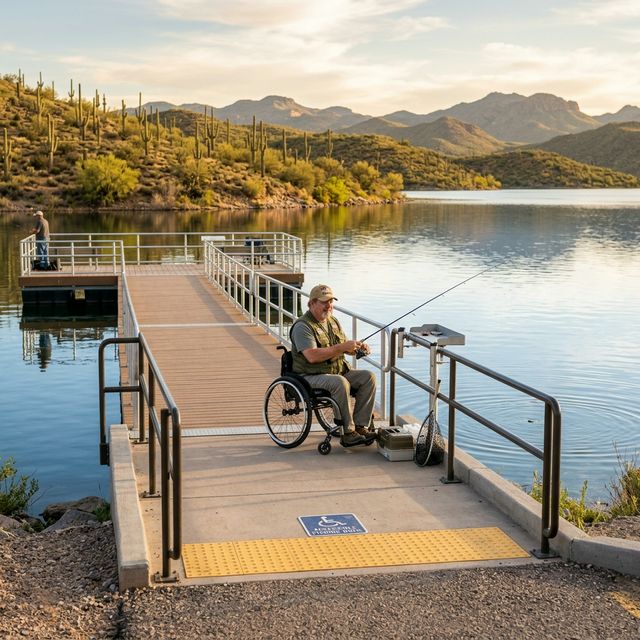 A veteran in a wheelchair fishing from an ADA-accessible dock on an Arizona lake with saguaro-covered hills in the background