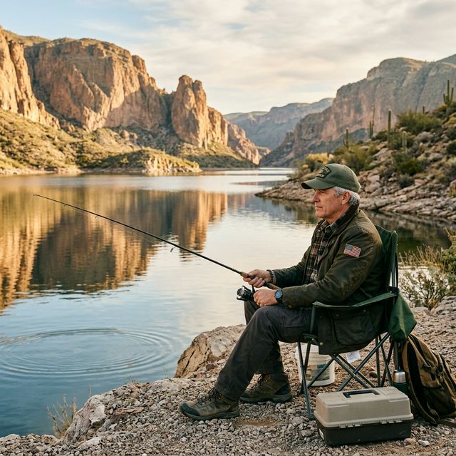 A military veteran in casual outdoor clothing fishing from the rocky shore of Apache Lake with dramatic desert canyon walls reflecting in calm water