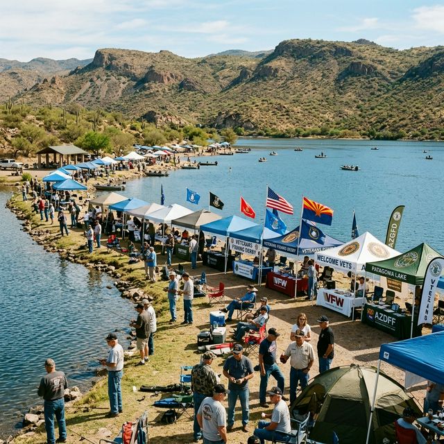 Veterans fishing event at Patagonia Lake with tents, flags, and anglers gathered along the shoreline