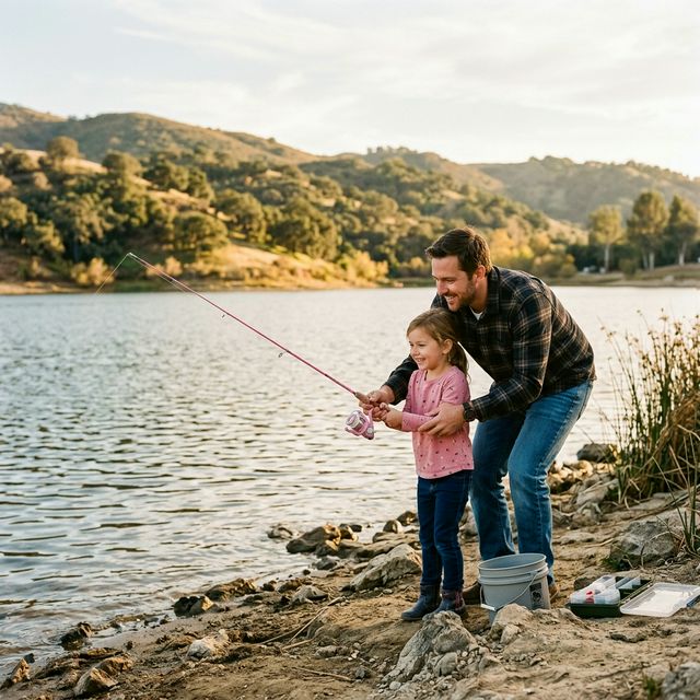 A father teaching his young daughter how to cast a fishing rod from the shore of Lake Cachuma in Santa Barbara County California, golden afternoon light and rolling oak-covered hills