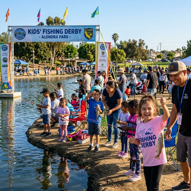 Children and families at a kids fishing derby event at a stocked urban pond in Southern California, kids holding up small trout with colorful event banners