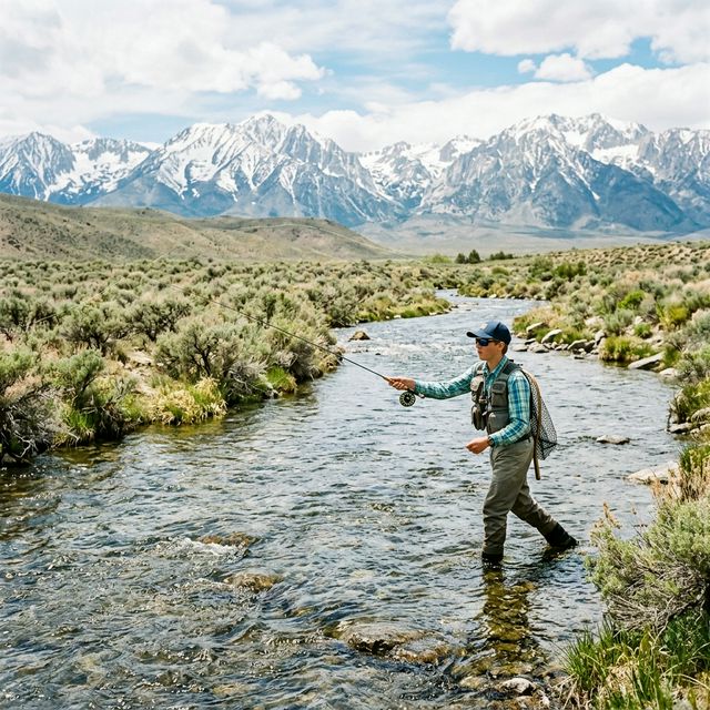 A teenage boy independently fly fishing in the Owens River near Bishop California in the Eastern Sierra, wading in shallow clear water with snow-capped mountains in the background