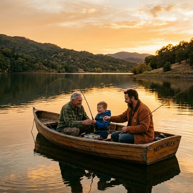 Three generations — grandfather, father, and young boy — fishing together from a wooden rowboat on Clear Lake in Lake County California at golden sunset