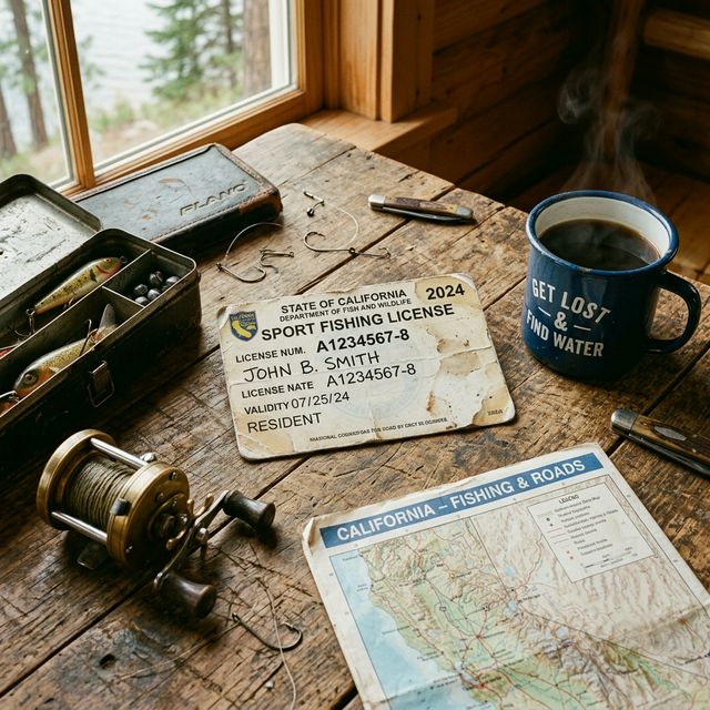 A well-worn California sport fishing license card on a rustic wooden table next to a vintage tackle box, fishing reel, California map, and steaming coffee mug