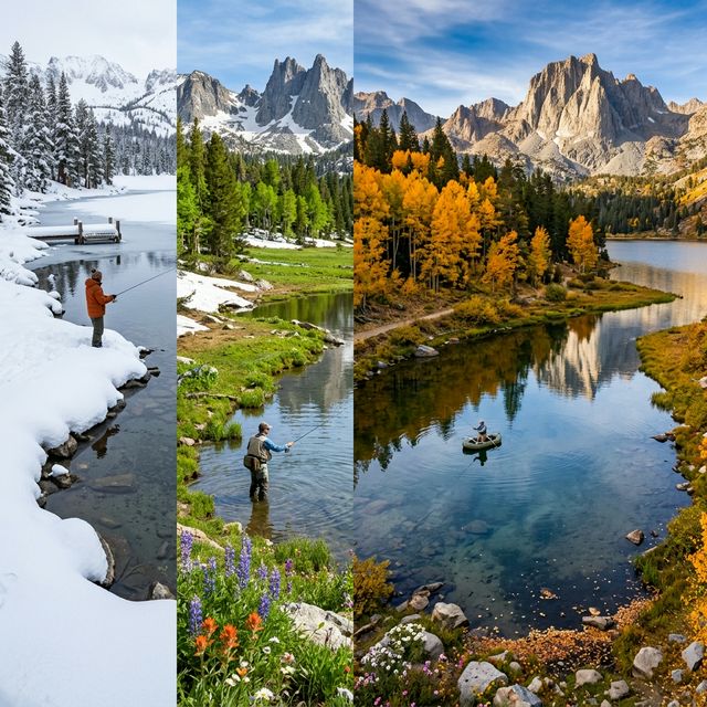 Split-panel view showing three seasons of fishing at a Sierra Nevada alpine lake near Mammoth Lakes California — snowy winter, green spring with wildflowers, and golden autumn aspens with granite peaks