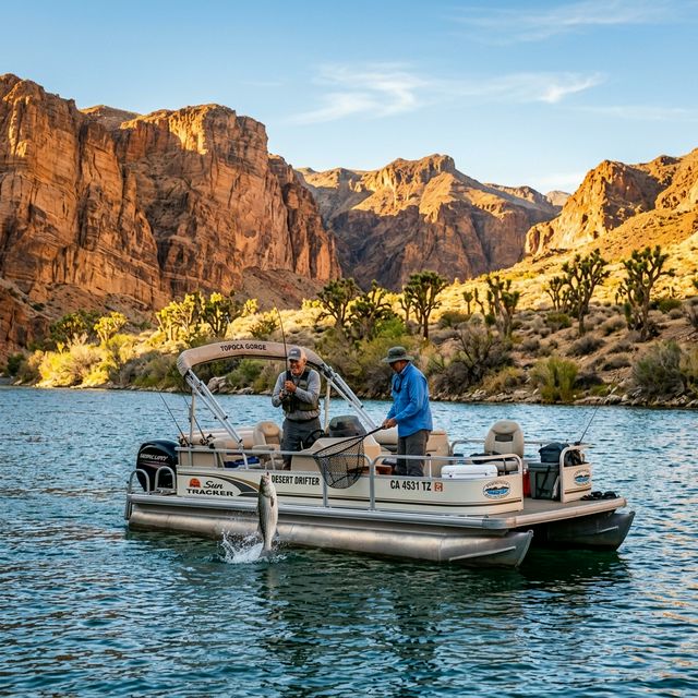Anglers fishing from a pontoon boat on the Colorado River near Needles California with dramatic desert canyon walls and Joshua trees