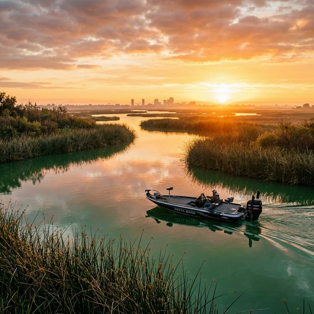 Sunrise over the Sacramento-San Joaquin River Delta with a bass boat heading through calm green water between tule reeds