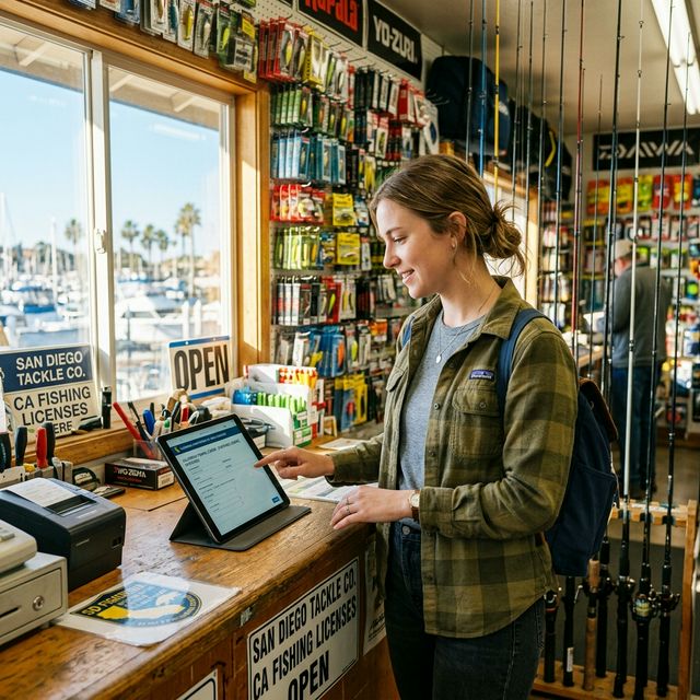 An angler purchasing a fishing license at a tackle shop kiosk in San Diego with fishing rods and tackle displayed