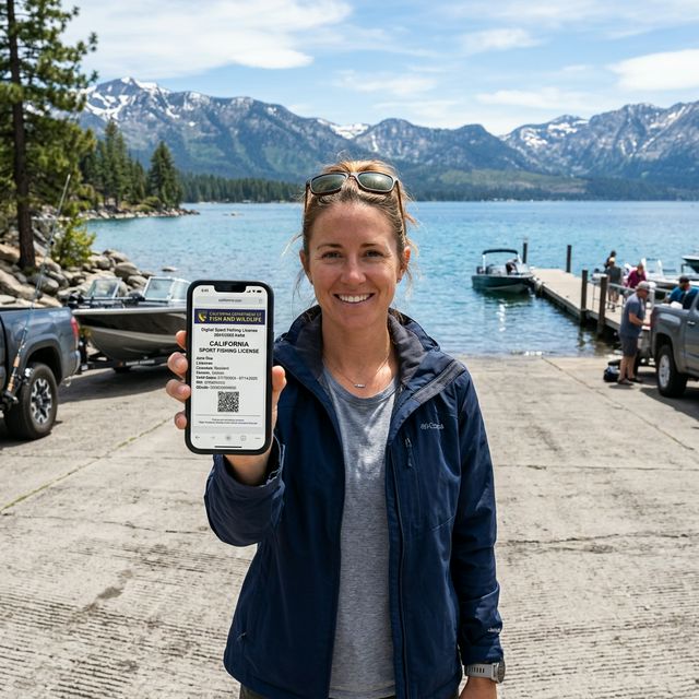 A woman holding up a smartphone showing the CDFW License App at a Lake Tahoe boat launch with crystal blue water and Sierra Nevada mountains