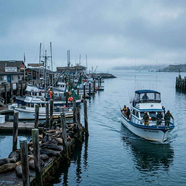 Early morning at Fisherman's Wharf in Monterey Bay California, charter boats at dock, a sport fishing vessel heading out, sea lions resting on pilings in misty Pacific atmosphere