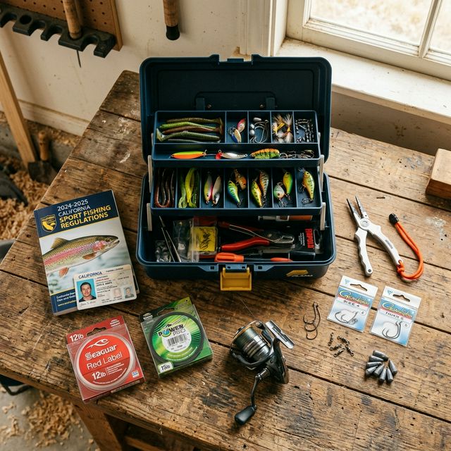 Flat-lay view of fishing season preparation with a California fishing license, tackle box, new line spools, hooks, pliers, and CDFW regulations booklet on a weathered wooden workbench