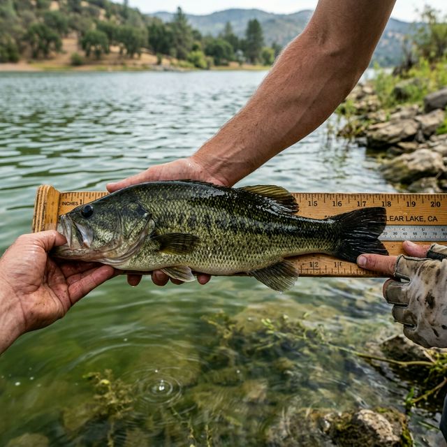 A largemouth bass being carefully measured against a ruler by an angler's hands at Clear Lake California with shallow green water visible