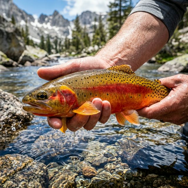 A California golden trout held gently over clear alpine water with granite rocks visible below, vivid golden-orange coloring with brilliant red lateral band