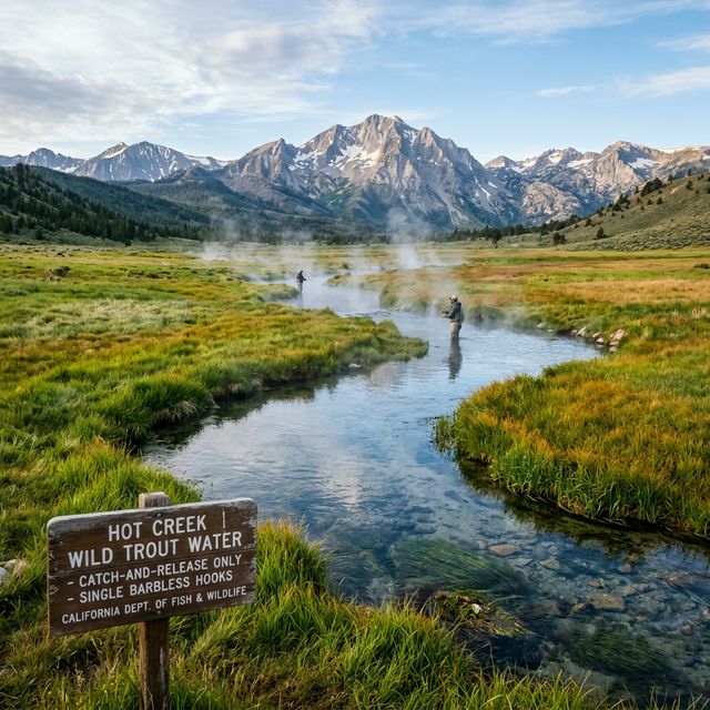 The wild trout section of Hot Creek in Mammoth Lakes California with crystal-clear spring-fed water, catch-and-release signage, and Eastern Sierra peaks in the background