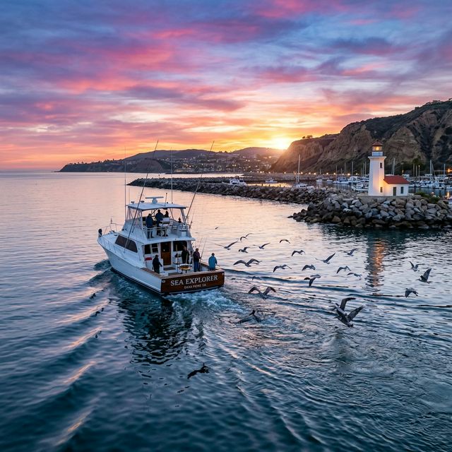 A sportfishing charter boat leaving Dana Point Harbor at dawn with the harbor breakwater, lighthouse, and pink-purple sunrise sky, seabirds following