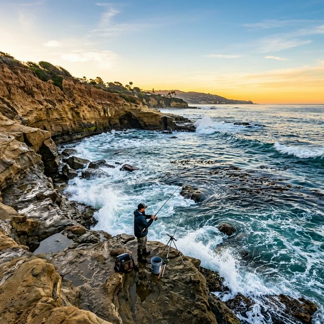 An angler surf fishing from the rocky sandstone shoreline at La Jolla Cove in San Diego at sunrise, waves breaking against kelp beds