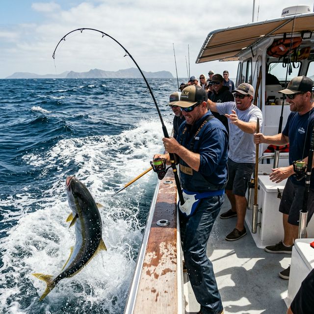An angler on a San Diego sportfishing charter boat battling a large yellowtail fish with the rod bent dramatically, Coronado Islands visible on the horizon