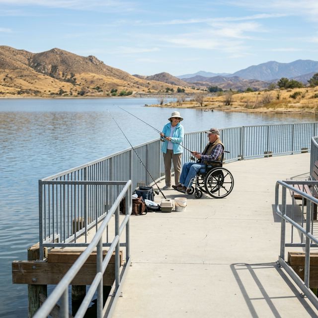 An elderly couple fishing together from an accessible pier with ADA-compliant railings at Lake Perris State Recreation Area in Southern California, golden hills in the background