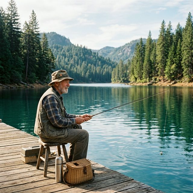 A retired senior man fishing peacefully from a wooden dock on Shasta Lake in Northern California, surrounded by pine trees and crystal-clear blue-green water