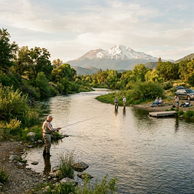 A senior man fly fishing in the calm shallow waters of the Sacramento River near Redding with Mount Shasta's snow-capped peak visible in the distance