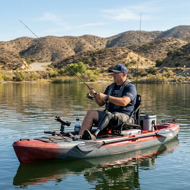 A disabled veteran with a prosthetic leg fishing from an adaptive kayak with specialized rod holders and seat support on Castaic Lake in Southern California