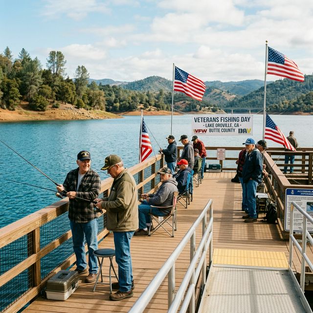 Military veterans fishing together from an accessible pier at Lake Oroville with American flags waving, organized veterans fishing event atmosphere