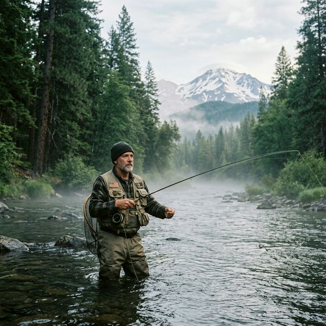 A military veteran in a fishing vest fly fishing in the misty McCloud River near Mount Shasta in Northern California, surrounded by old-growth forest