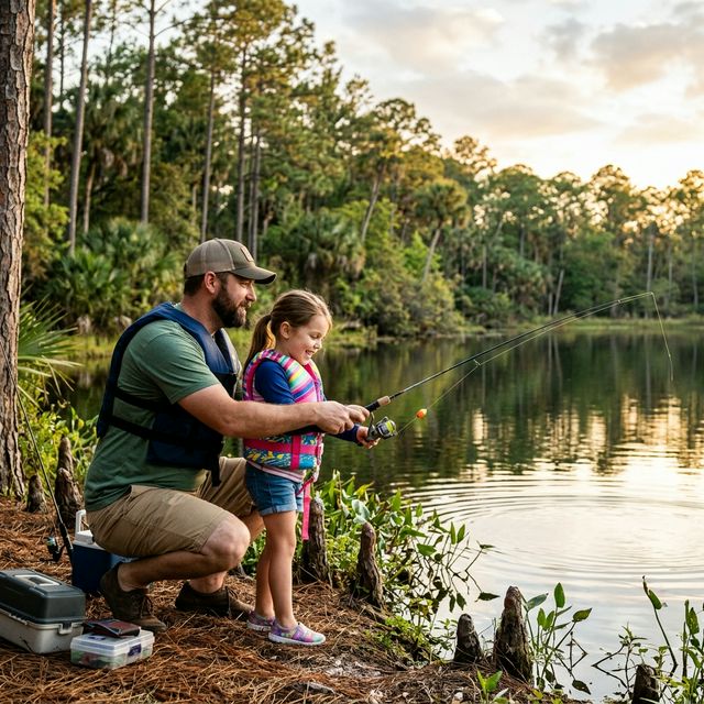 A father teaching his young daughter to cast a fishing rod at a calm lake in Ocala National Forest, Florida