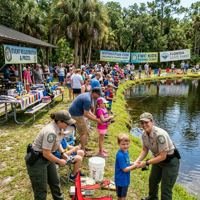 A children's fishing derby event at a Florida state park with FWC officers helping kids learn to fish
