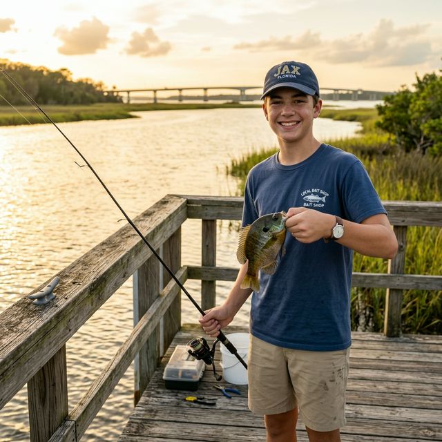 A teenage boy fishing independently from a dock on the St. Johns River near Jacksonville, Florida, holding a bluegill