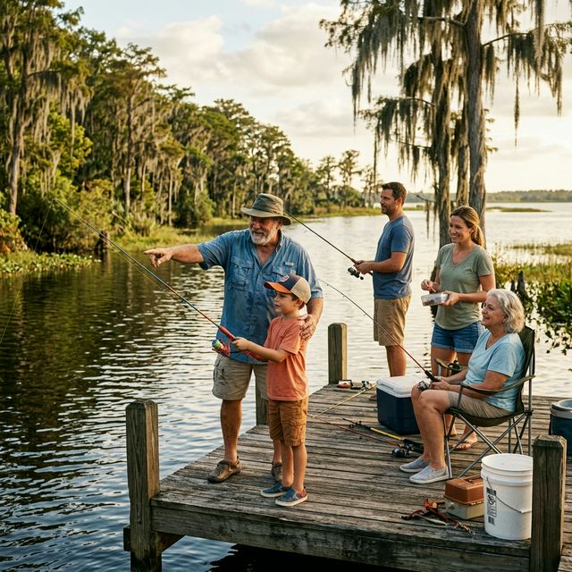 A multi-generational family fishing together on a dock at Lake Tohopekaliga near Kissimmee, Florida