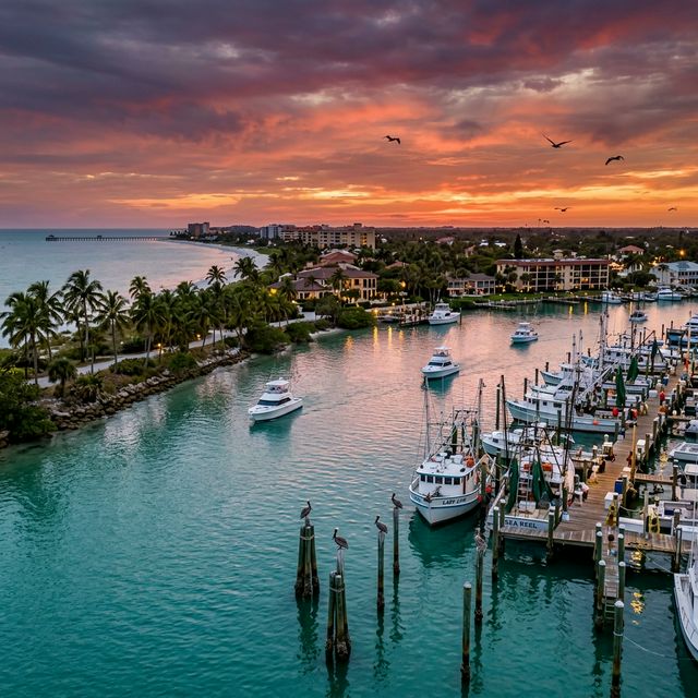 Naples Florida harbor at sunset with fishing boats, pelicans, and palm trees along the turquoise Gulf of Mexico