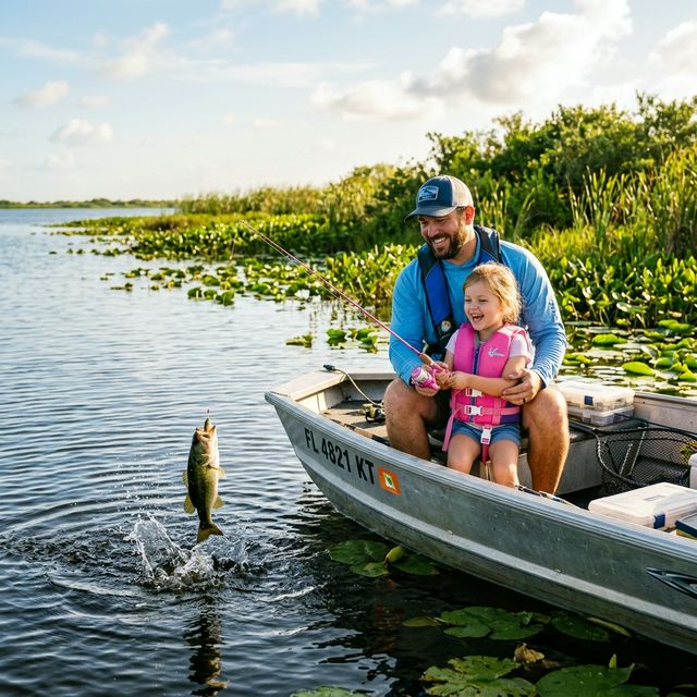 A father and young daughter catching a largemouth bass together on Lake Okeechobee, Florida