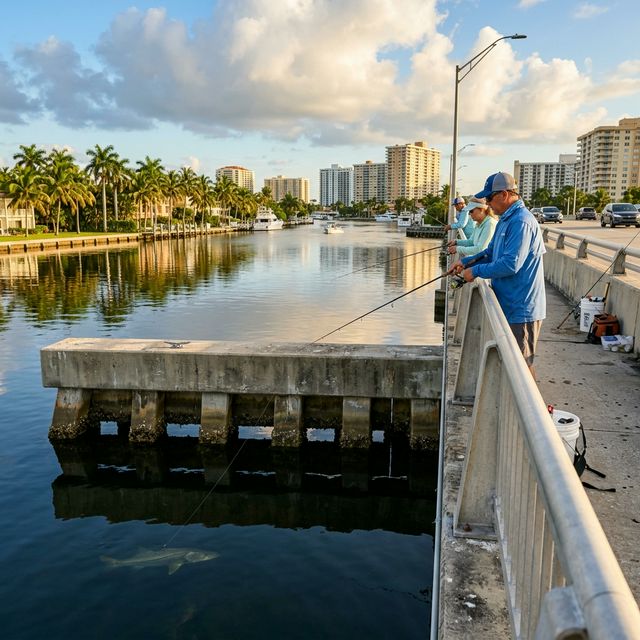 Anglers fishing from a bridge over the Intracoastal Waterway near Fort Lauderdale, Florida
