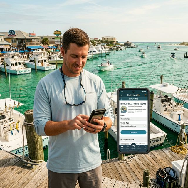 An angler purchasing a fishing license on his smartphone at a marina dock in Destin, Florida