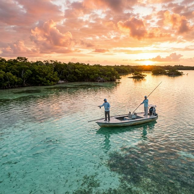 Two anglers sight-casting for bonefish on crystal-clear flats near Islamorada in the Florida Keys at sunrise