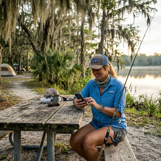 An angler at a Florida state park campground renewing their fishing license on a smartphone