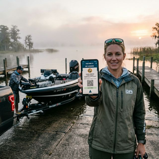 A woman showing her digital Florida fishing license on the Fish|Hunt FL app at a boat ramp with a bass boat launching behind her