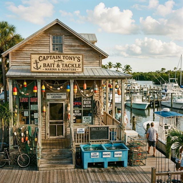 A classic Florida bait and tackle shop with fishing license signs, live bait tanks, and a marina in the background