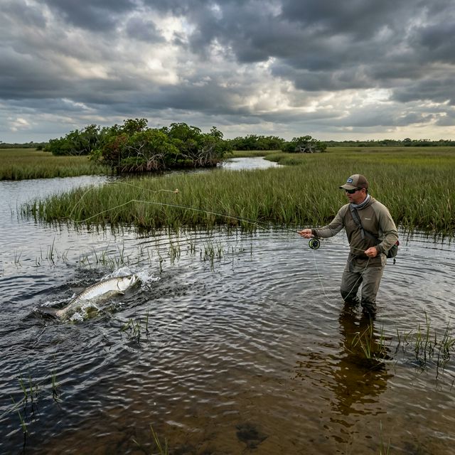 An angler wading in the shallow backcountry waters of Everglades National Park, fly fishing with a tarpon breaking the surface
