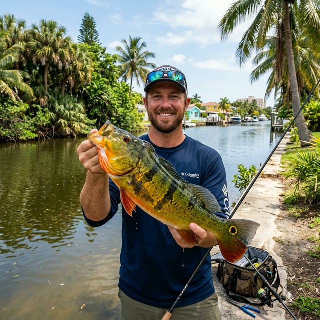 An angler holding a colorful peacock bass caught in a Miami, Florida urban canal with palm trees and tropical vegetation